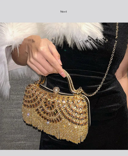 Edenista diamond evening clutch bag, gold rhinestone handbag with tassel fringe and chain strap