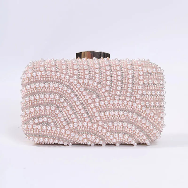Edenista pearl-bead evening clutch with long chain, pink-toned beaded pattern