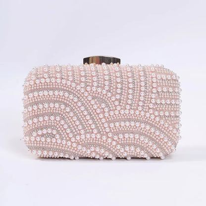 Edenista pearl-bead evening clutch with long chain, pink-toned beaded pattern