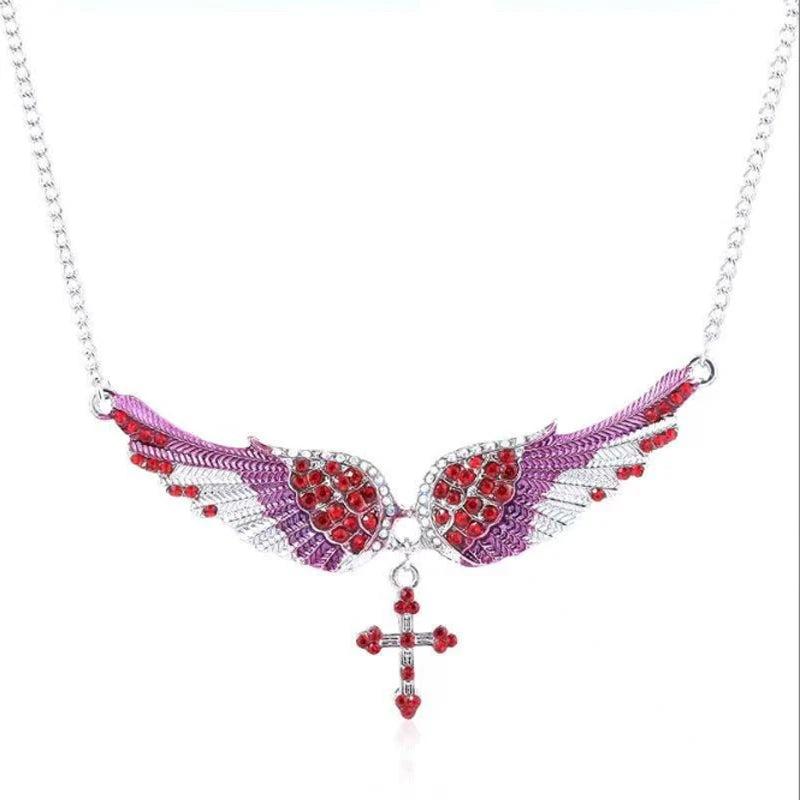 Angel Wings Cross Pendant Necklace – Crystal Rhinestone