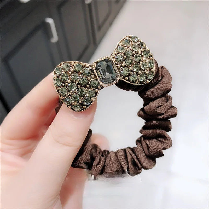 Rhinestone bow scrunchie Edenista brown satin elastic hairband with jeweled bow
