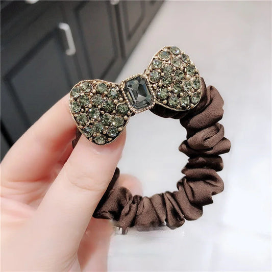 Rhinestone bow scrunchie Edenista brown satin elastic hairband with jeweled bow