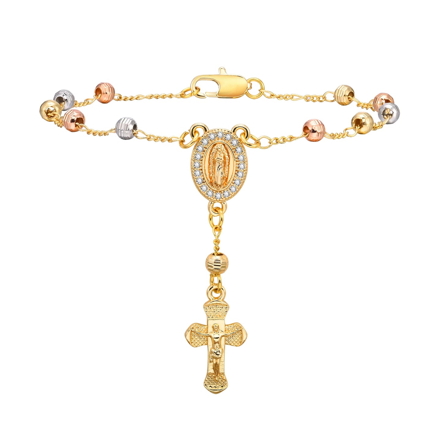 Virgin Mary Rosary Bead Cross Bracelet for Women Tri-color Adjustable Chain by edenista