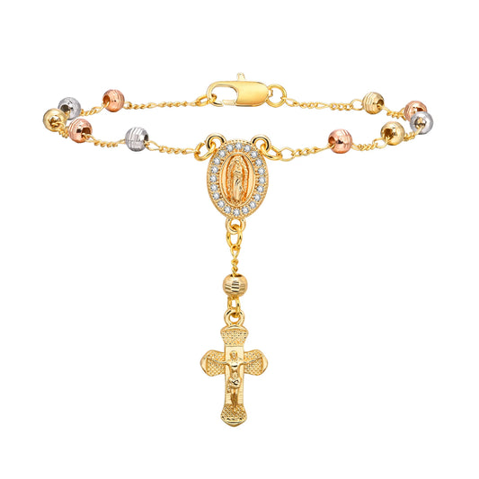 Virgin Mary Rosary Bead Cross Bracelet for Women Tri-color Adjustable Chain by edenista