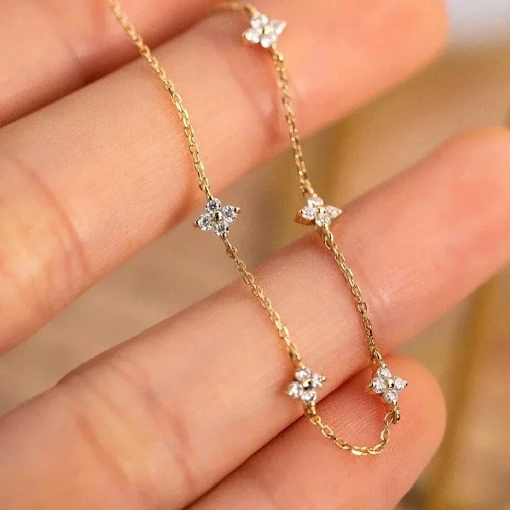 18K Gold Plated Zircon Four Leaf Collar Chain Necklace for Women