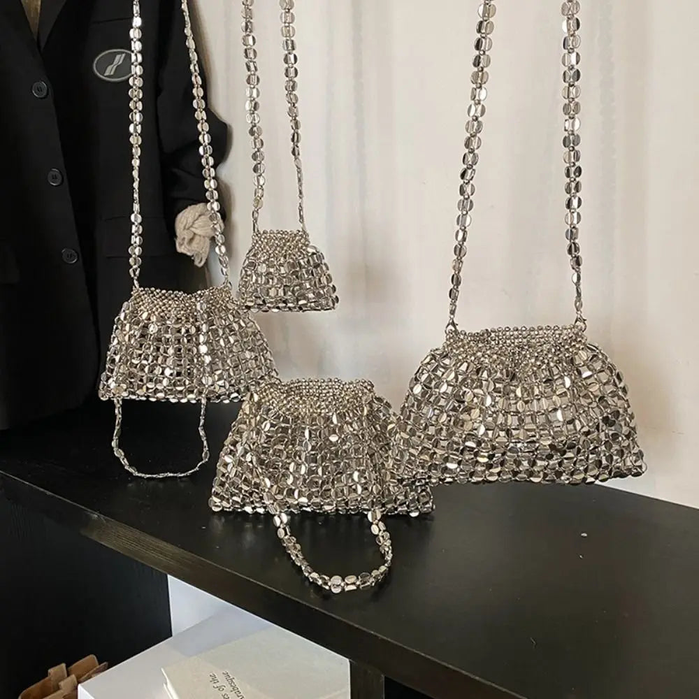 Edenista silver sequin evening bag set with chain straps; glitter mesh purses in mini to large sizes (4 bags)