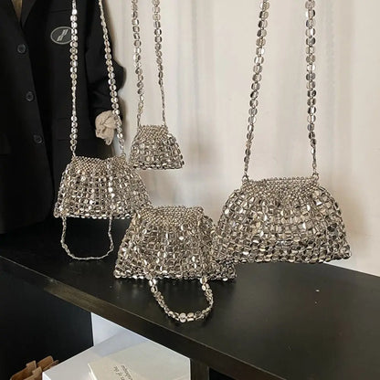 Edenista silver sequin evening bag set with chain straps; glitter mesh purses in mini to large sizes (4 bags)