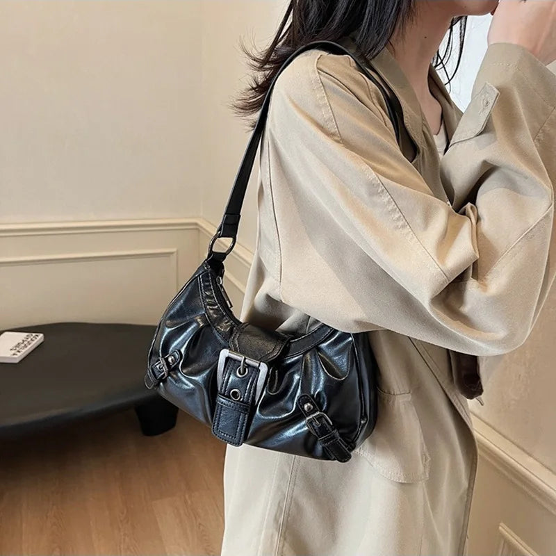 Edenista hobo shoulder bag, black faux leather with pleated front and buckle strap details