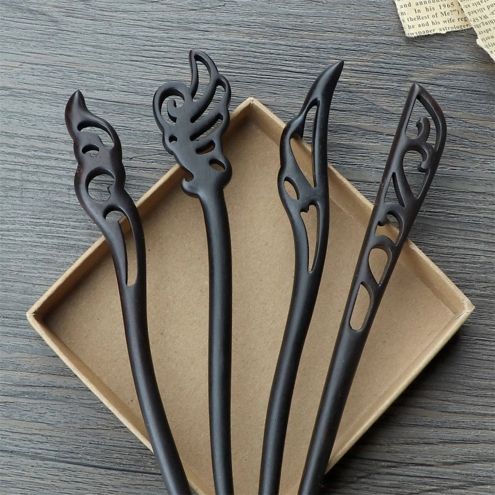 Chinese ethnic style hair sticks set of 4, black with intricate cutout tops for women