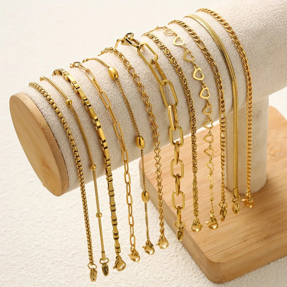 12-Piece Stainless Steel Bracelet Set for Women