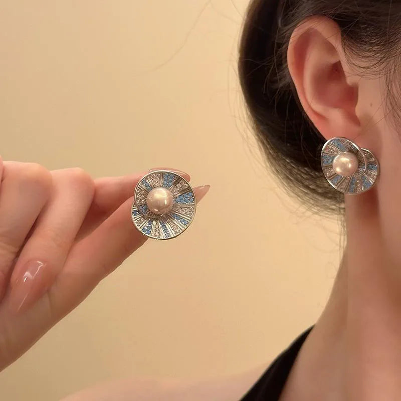 Blue Crystal Flower Stud Earrings for Women – Silver Plated