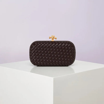 Woven PU crossbody bag in dark brown with gold-tone clasp and boxy silhouette