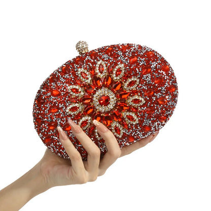 Evening crystal clutch bag by Edenista, red with gold-tone floral centerpiece