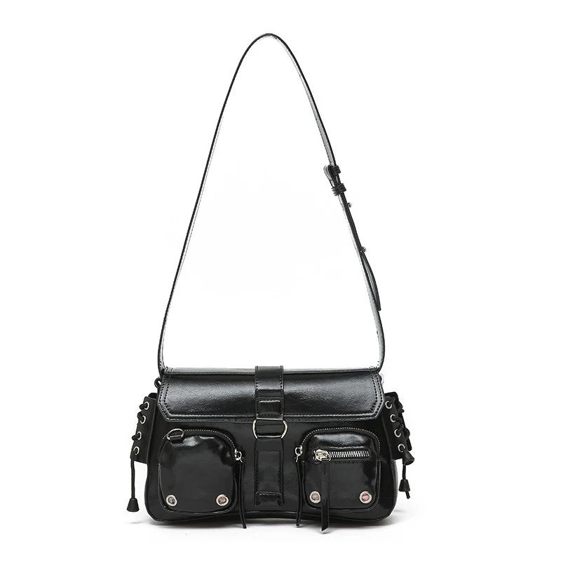 Multi-Pocket Rivet Shoulder Bag for Women – PU Leather