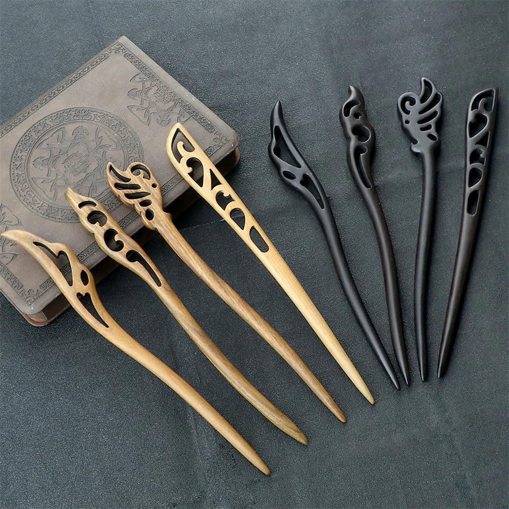 Edenista Chinese ethnic style sandalwood hair sticks, 10-piece set in natural wood and black carved designs