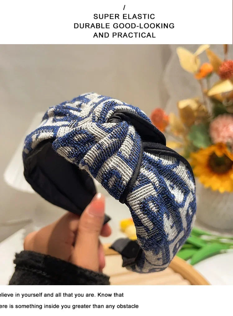 Edenista cowboy color retro headband with blue and white geometric knit, twisted knot, outdoor hair accessory