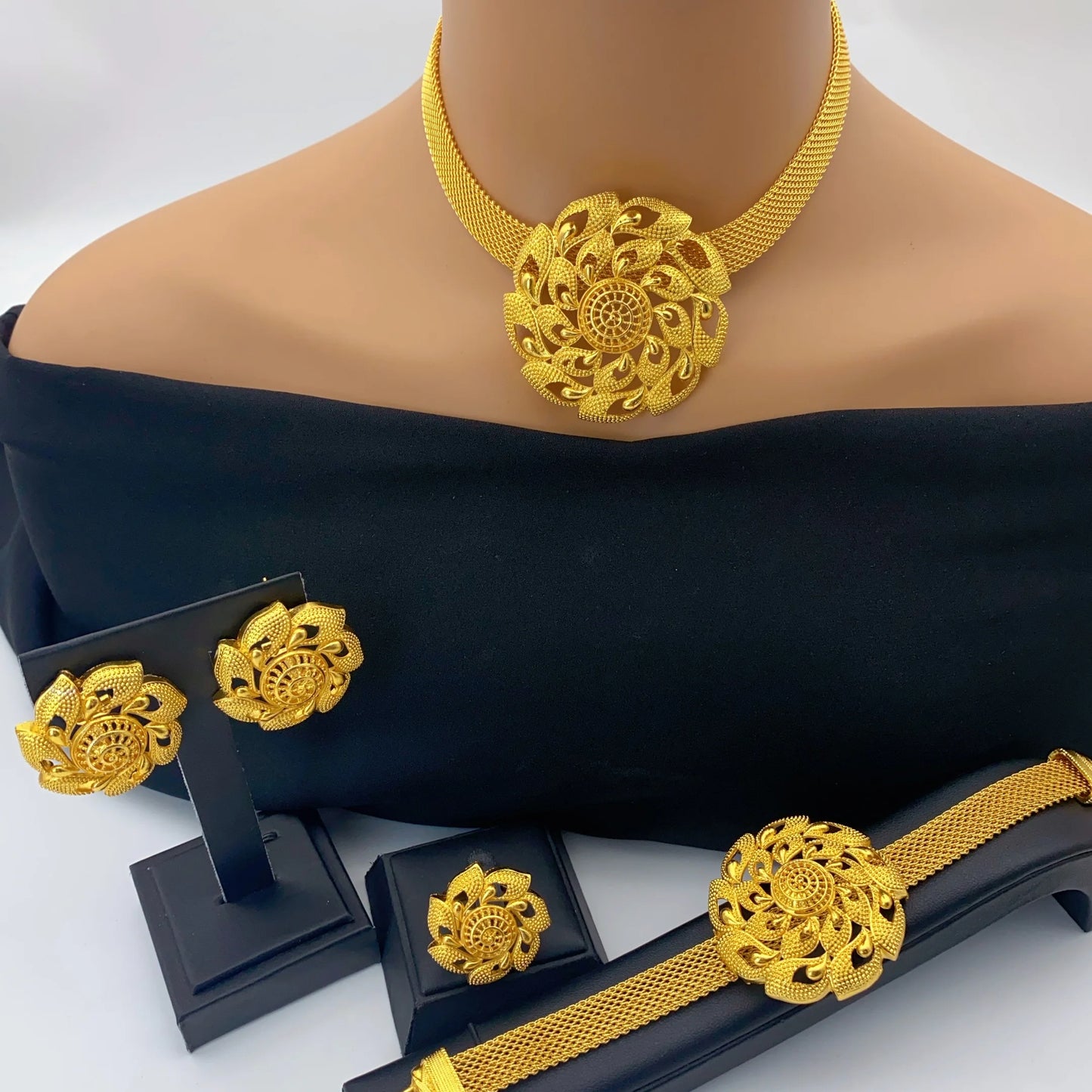 Jewelry Set For Women Indian African Dubai Flower Necklace Earring Nigerian 24K Gold Plated by edenista