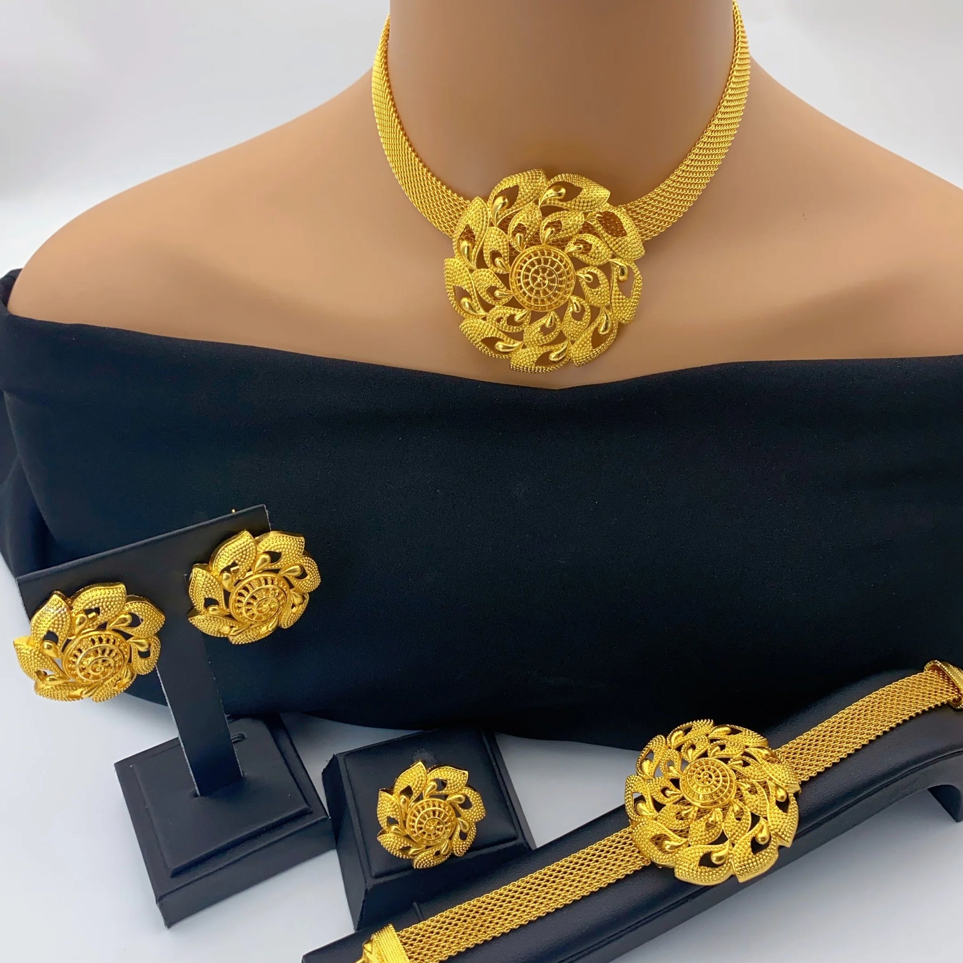 Jewelry Set For Women Indian African Dubai Flower Necklace Earring Nigerian 24K Gold Plated by edenista
