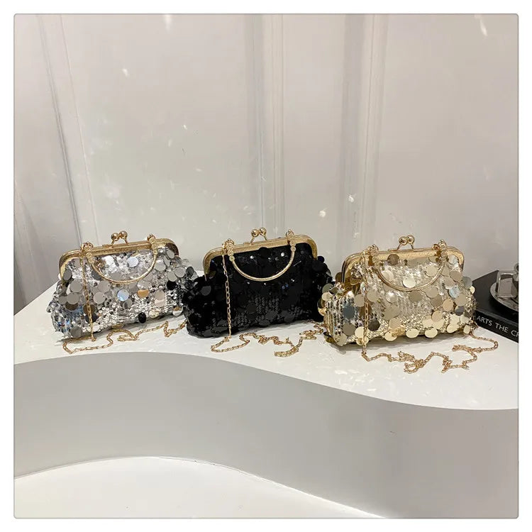 Edenista sequined evening shoulder bag set - silver, black, gold with chain crossbody straps (3 bags)