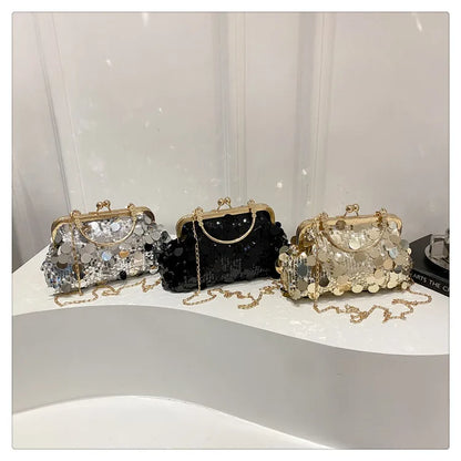 Edenista sequined evening shoulder bag set - silver, black, gold with chain crossbody straps (3 bags)