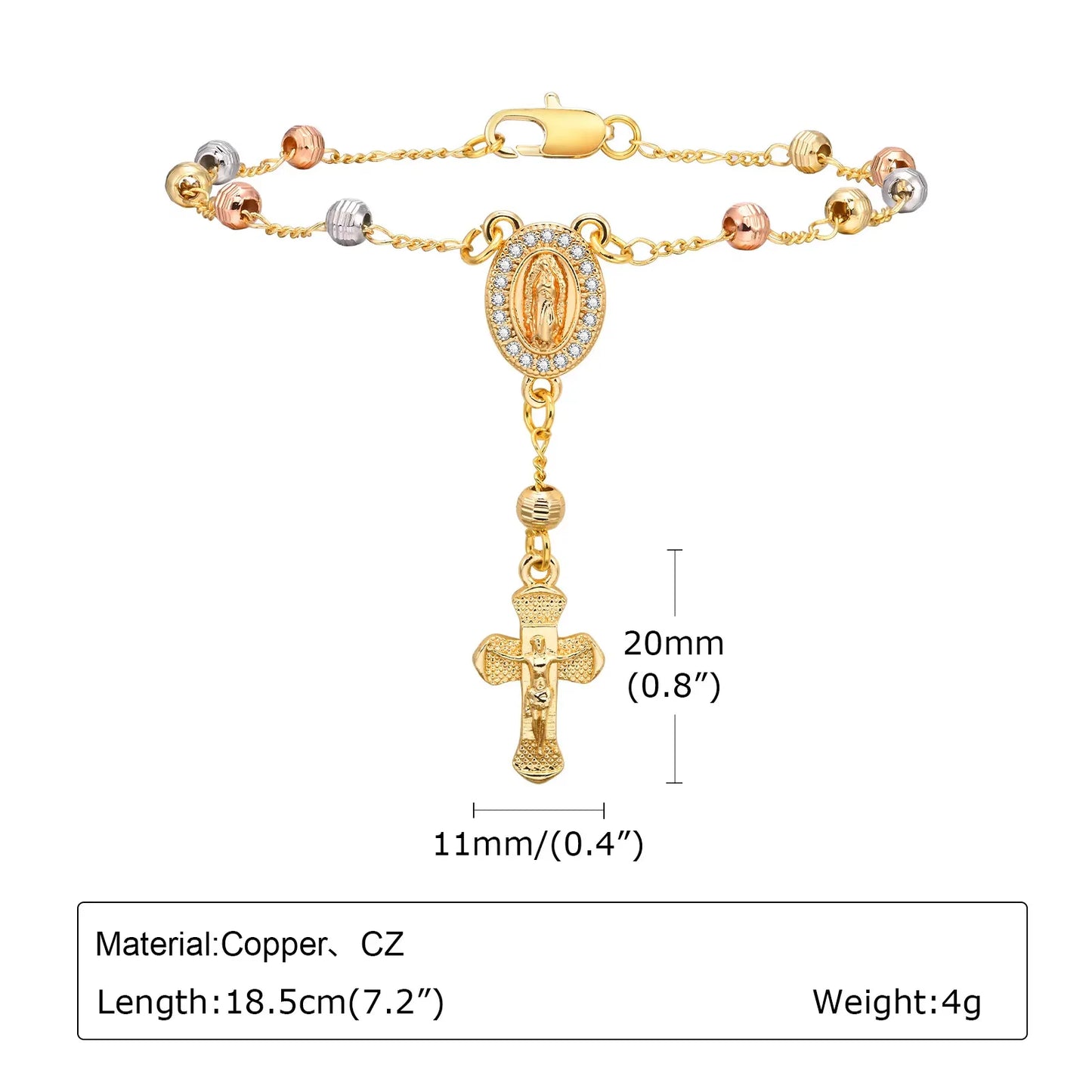 Virgin Mary Rosary Bead Cross Bracelet for Women Tri-color Adjustable Chain by edenista