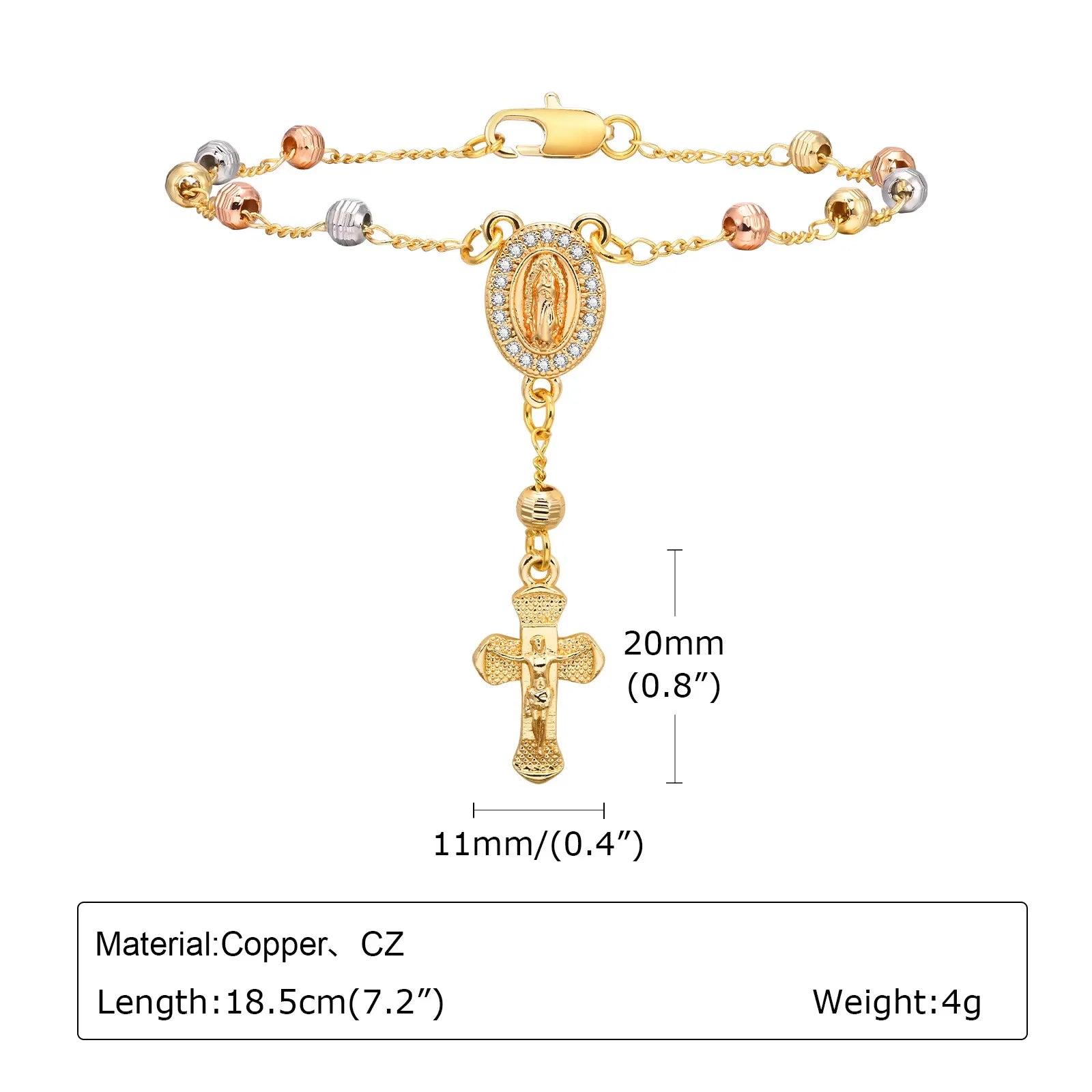 Virgin Mary Rosary Bead Cross Bracelet for Women Tri-color Adjustable Chain by edenista
