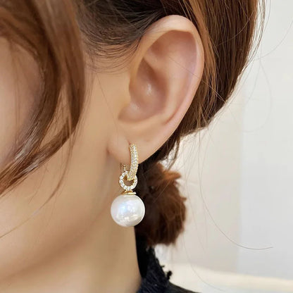 Gold Plated Imitation Pearl & Zircon Drop Earrings