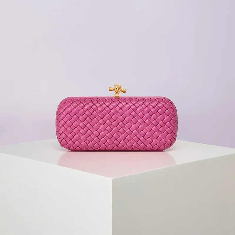 Crossbody bag, pink woven PU with gold-tone clasp style