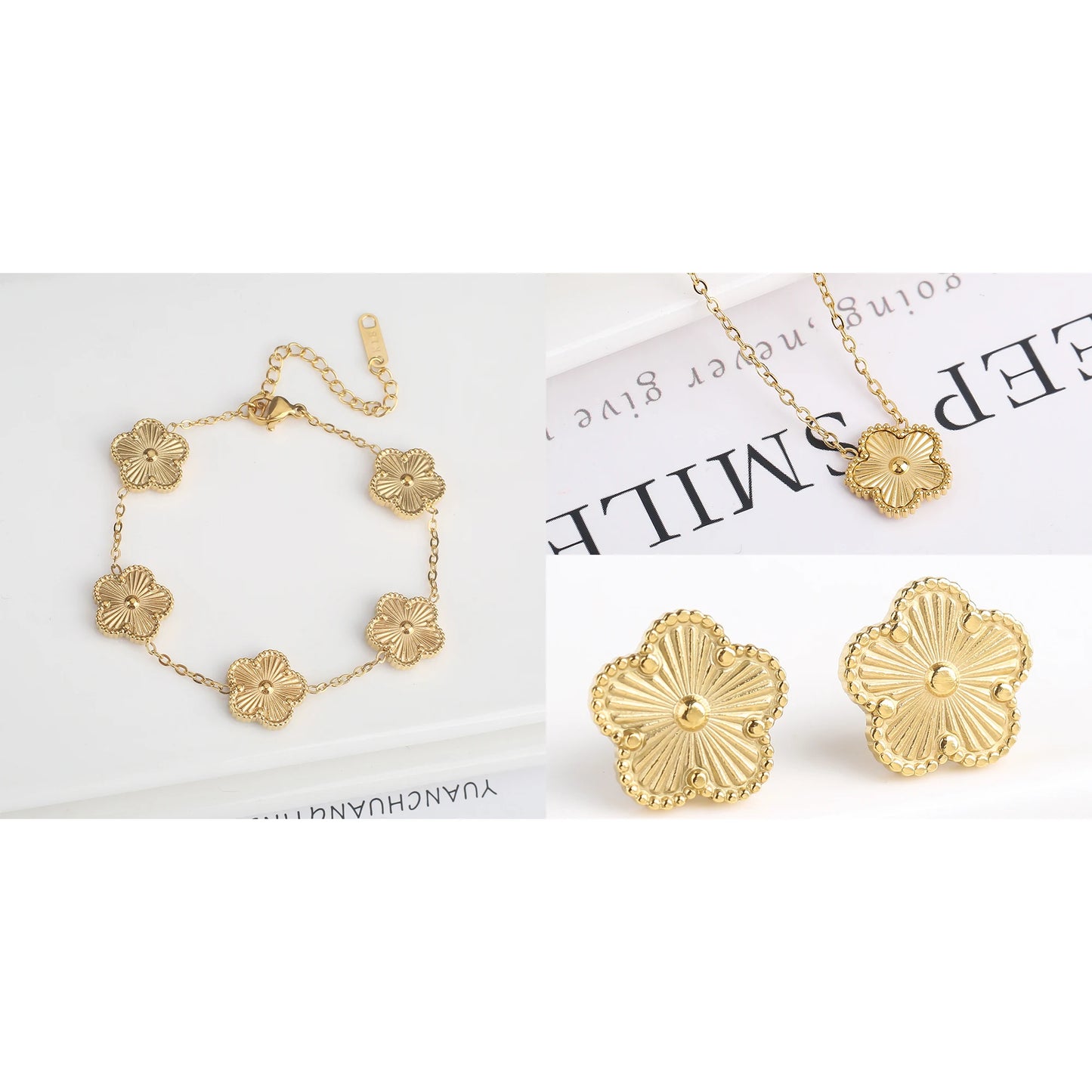 Stainless Steel Clover Flower Jewelry Set 18K Gold