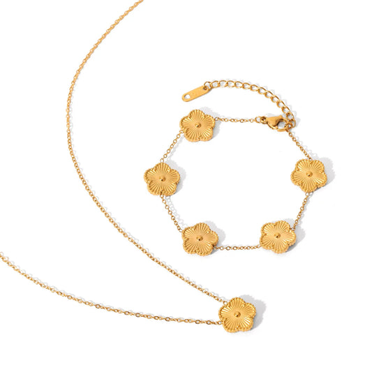 Clover Flower Charm Necklace & Bracelet Set – Gold