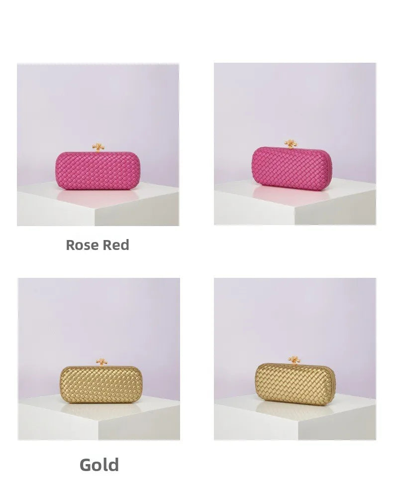 Crossbody B Home PU woven evening bag by Edenista; rose red and gold colorways, 4 views