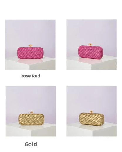 Crossbody B Home PU woven evening bag by Edenista; rose red and gold colorways, 4 views