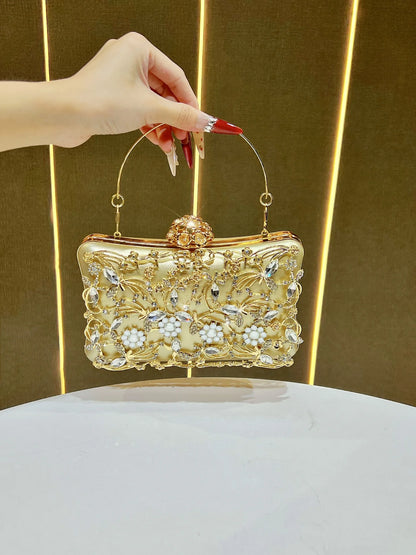 Diamond-embellished banquet handbag in ivory-gold with crystal floral design and curved metal handle