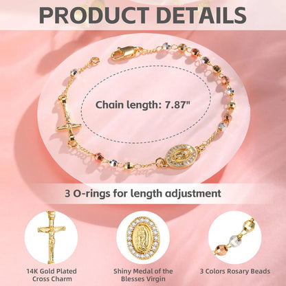 Virgin Mary Rosary Bead Cross Bracelet for Women Tri-color Adjustable Chain by edenista