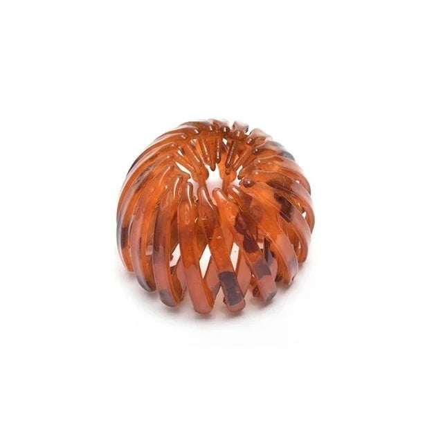 Hair clip round orange tortoiseshell expanding bun design for ponytails bird-nest style