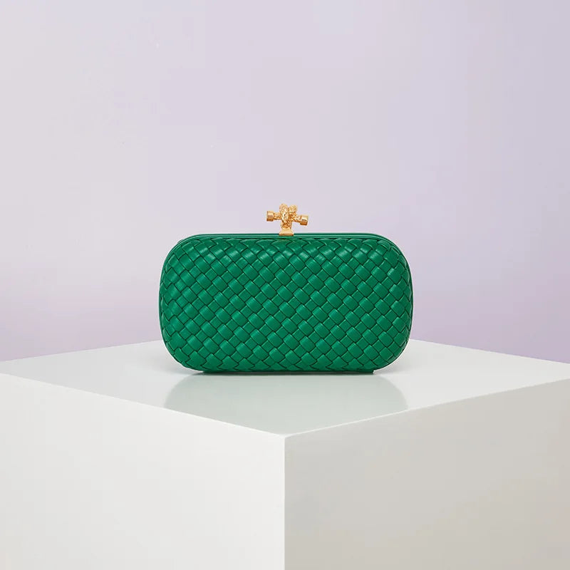 Green woven PU crossbody evening bag with gold-tone clasp
