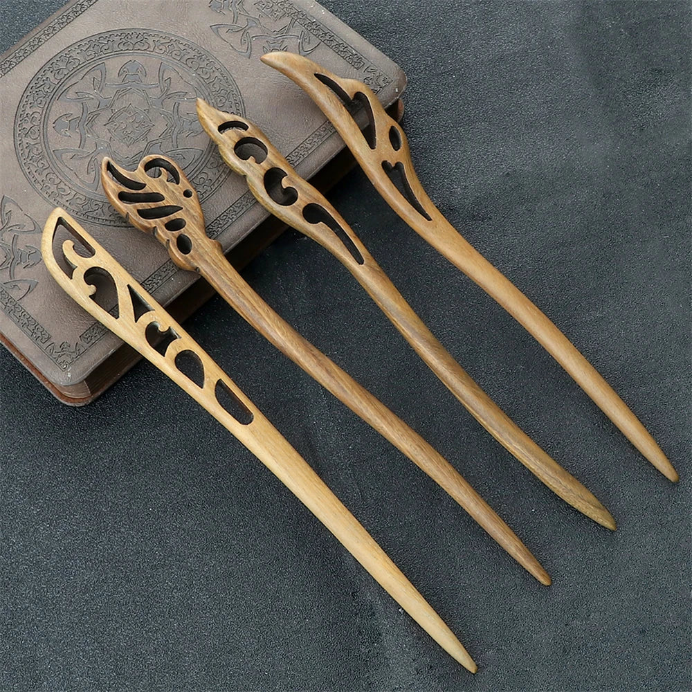 Hair sticks by Edenista, Chinese ethnic style green sandalwood, 4 pcs with decorative cutouts.