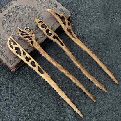 Hair sticks by Edenista, Chinese ethnic style green sandalwood, 4 pcs with decorative cutouts.