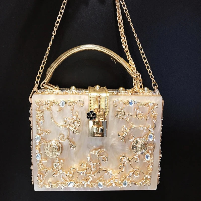 Edenista luxury acrylic evening bag with rhinestone gold floral embroidery and chain strap