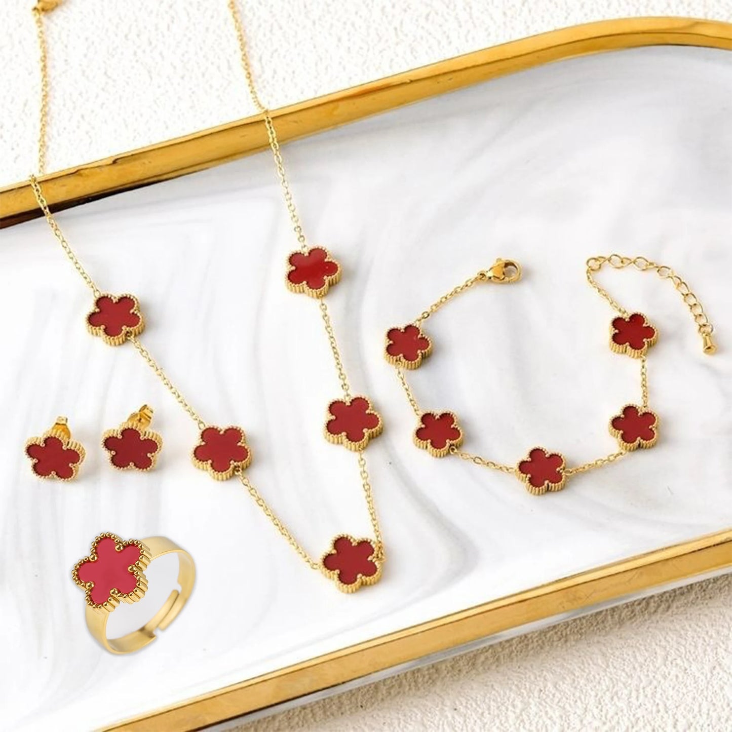 Stainless Steel Five Leaf Flower Jewelry Set