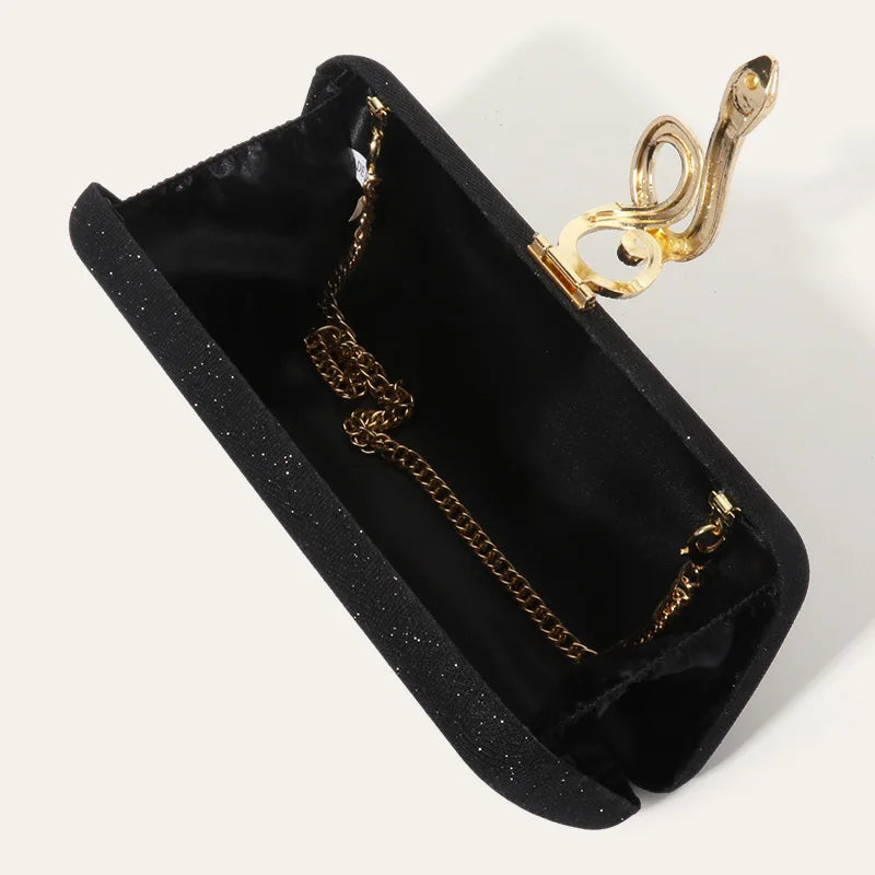 Classic Snake Buckle Evening Purse by Edenista; black glitter square clutch with gold chain