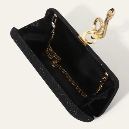 Classic Snake Buckle Evening Purse by Edenista; black glitter square clutch with gold chain