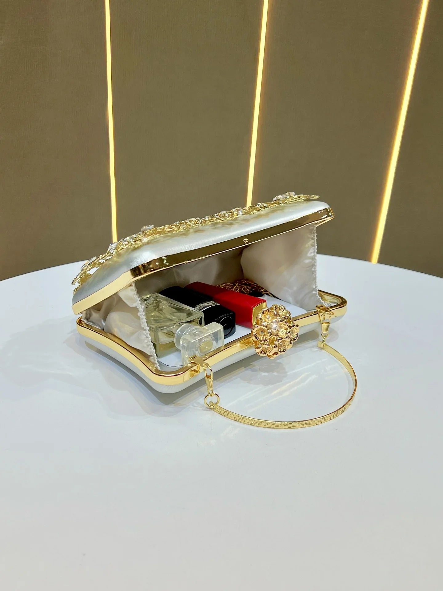 Edenista Diamond Banquet Bag with gold-tone frame and crystal embellishments in ivory white, shoulder strap
