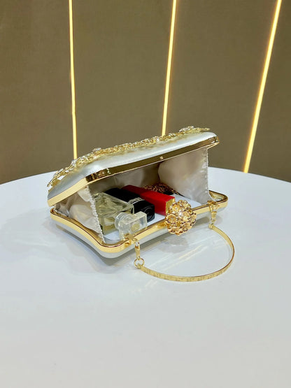 Edenista Diamond Banquet Bag with gold-tone frame and crystal embellishments in ivory white, shoulder strap