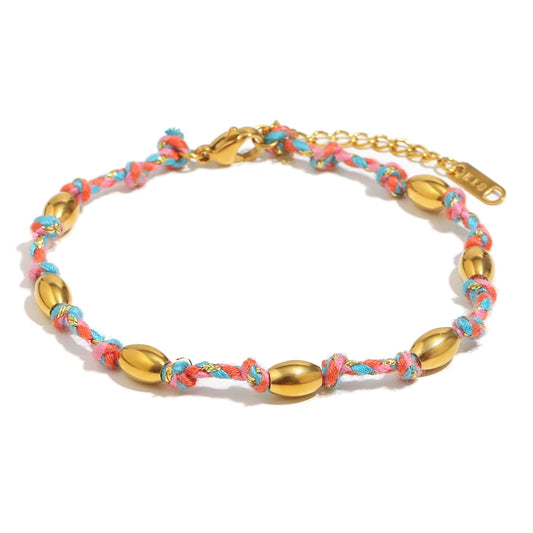 Mixed Colour Rope & Beads Bracelet – 18K Gold Plated