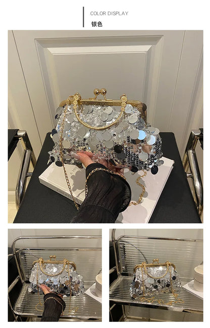 Silver sequined evening shoulder bag with gold frame and chain