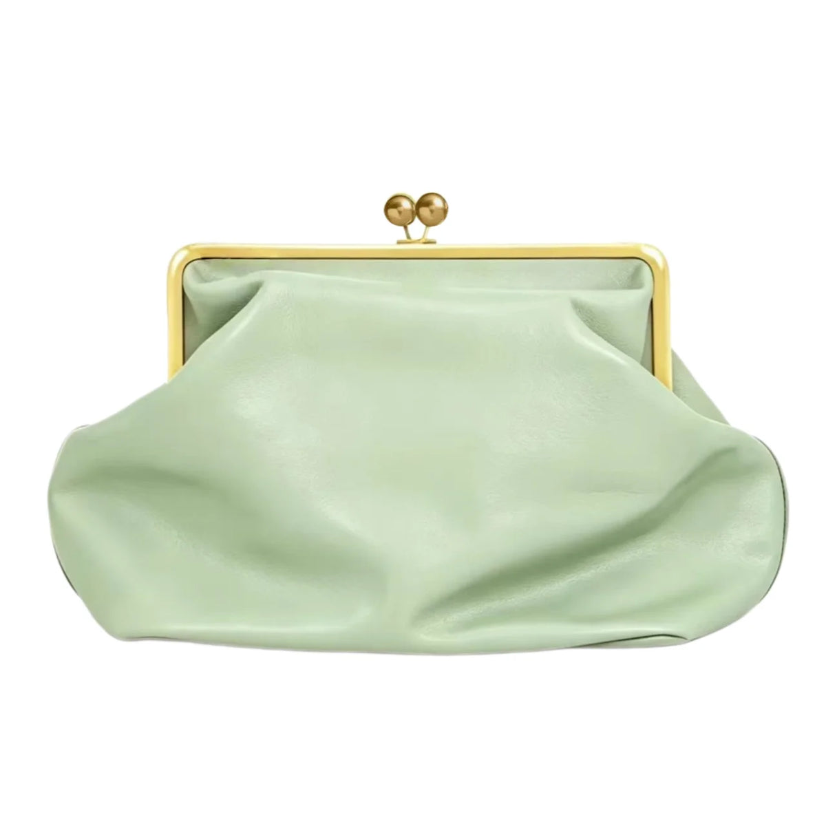 Small kiss-lock top-handle clutch in mint green microfibre leather with a gold frame clasp.