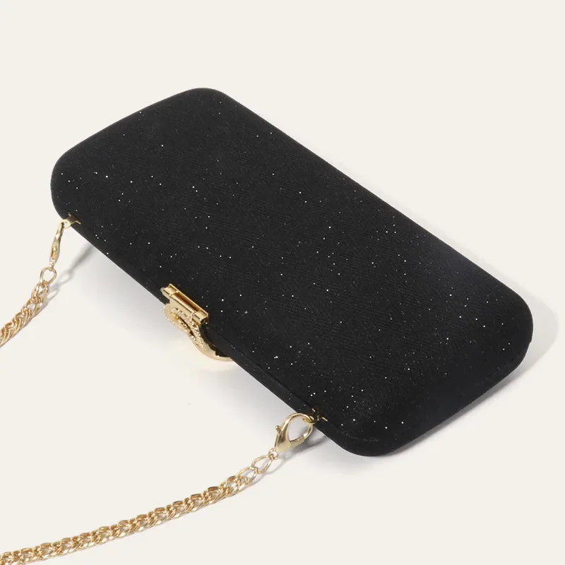 Classic Snake Buckle Evening Purse Edenista, black glitter clutch with gold chain strap