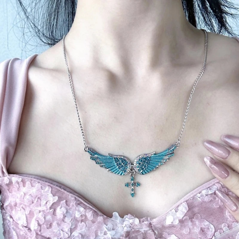 Angel Wings Cross Pendant Necklace – Crystal Rhinestone