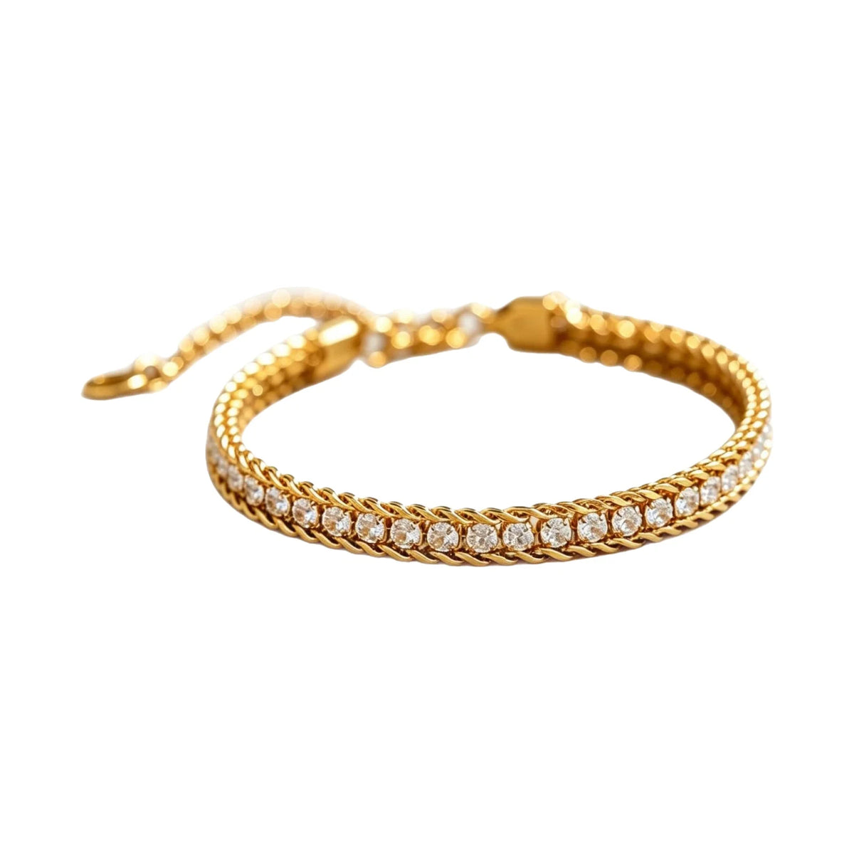 Gold-tone double-chain diamond bracelet with pave stones